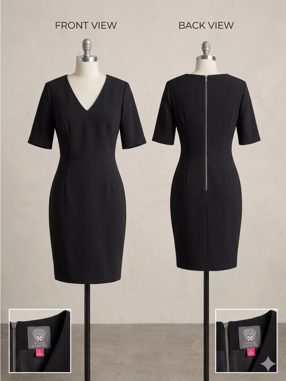 Vince Camuto Black V-Neck Midi Sheath Dress